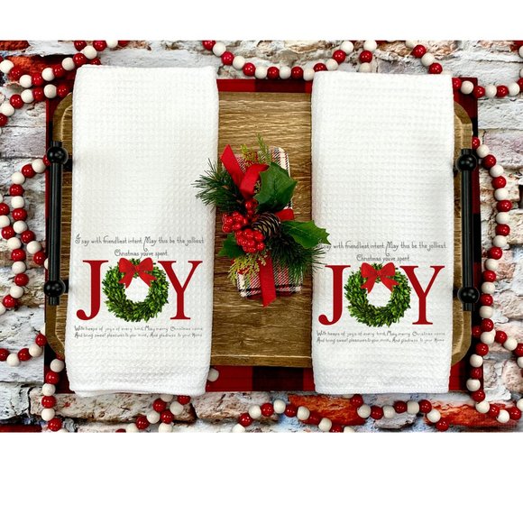 Christmas Tea Towels, Set of 2, Kitchen and Bath, Joy, Christmas Gift idea - Picture 2 of 3